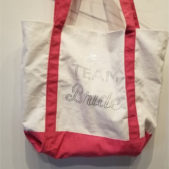 Team Bride Bridal Tote Bag Crystals Pink &  Ivory Canvas Bag Size M - Picture 3 of 8